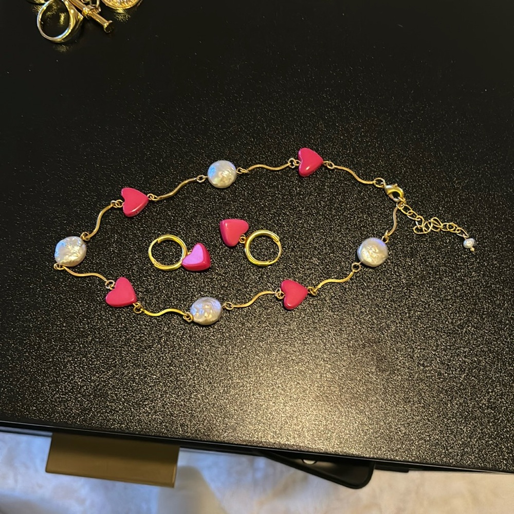 18k Plated Resin Pearl Necklace + Earrings Set